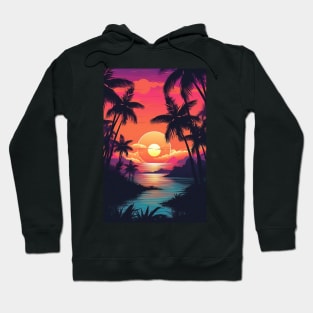 Illustration of an 80s Synthwave retro sunset with palm trees on the beach Hoodie